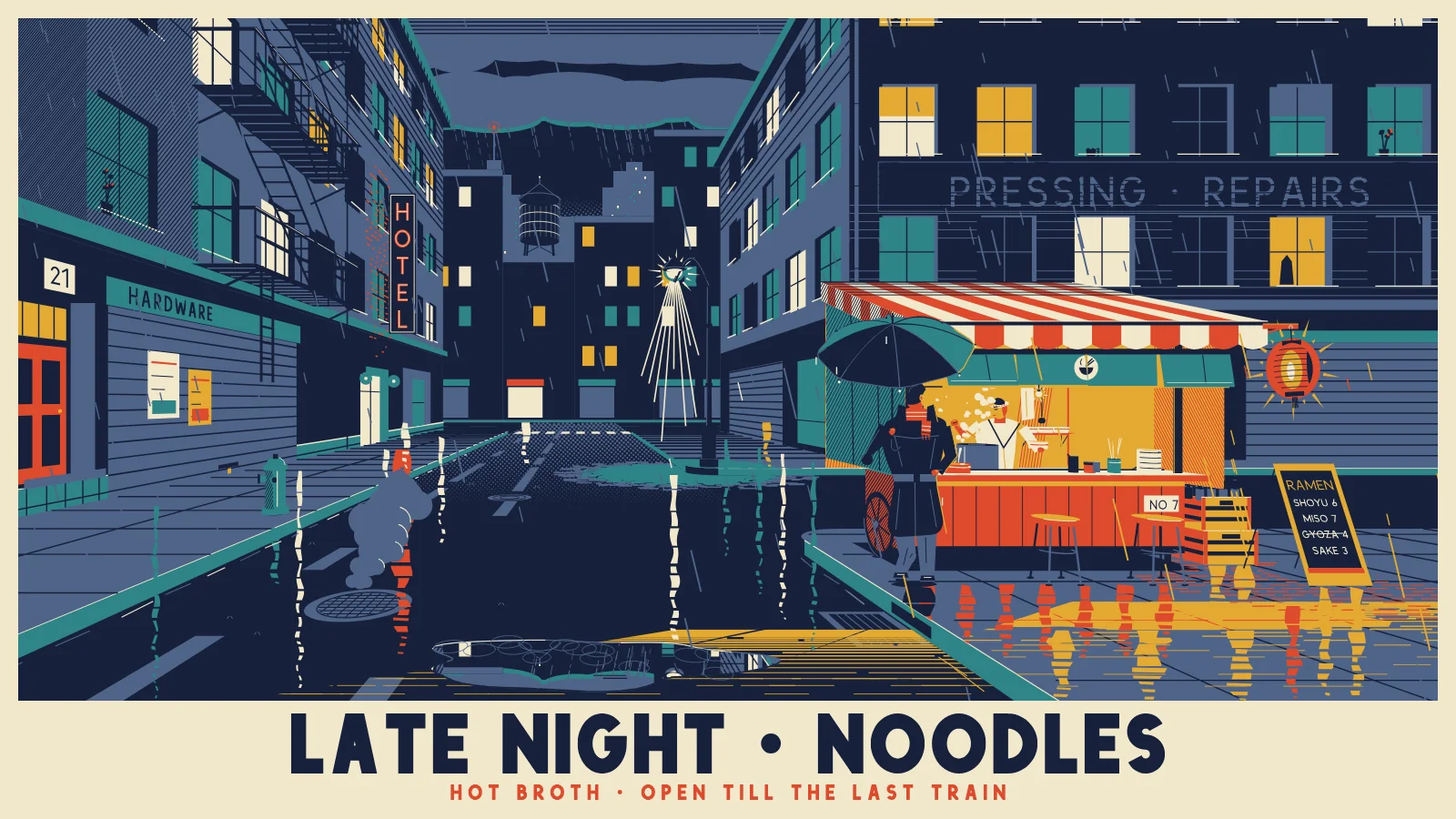 Last Bowl, a scene drawn in code with the skill: a rainy city side street at night, a ramen stall with a striped canopy glowing on the corner, a cook inside and a customer under an umbrella at the counter, under the title LATE NIGHT · NOODLES.